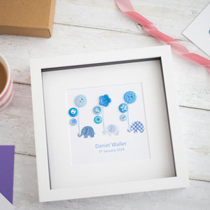 Personalised New Baby Boy Framed Gift - Elephants and Balloons in Blues