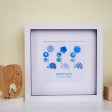 Load image into Gallery viewer, Personalised New Baby Boy Framed Gift - Elephants and Balloons in Blues