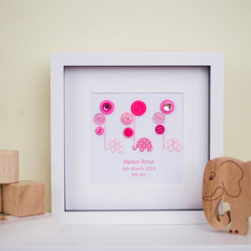 Personalised New Baby Girl Framed Gift - Elephants and Balloons in Pinks