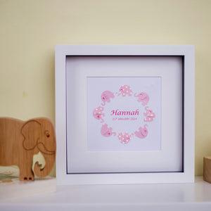 Personalised New Baby Girl Framed Gift - Pink Elephants Nursery Decor