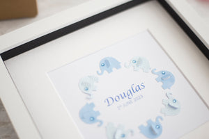 Personalised New Baby Boy Framed Gift - Blue Elephants Nursery Decor