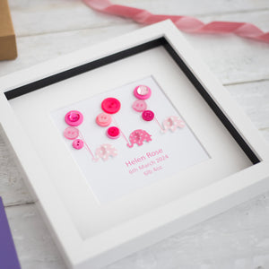 Personalised New Baby Girl Framed Gift - Elephants and Balloons in Pinks