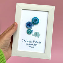 Load image into Gallery viewer, Handmade new baby frame. Bless elephant with button balloons.