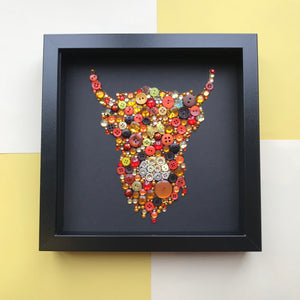 Highland cow button art on black framed picture
