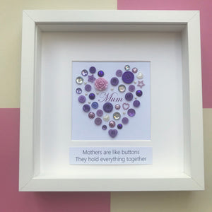 Mum personalised button art heart framed picture.