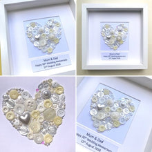 Load image into Gallery viewer, Pearl heart anniversary button art. Framed picture