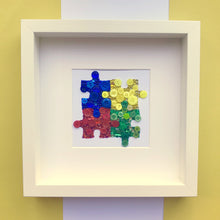 Load image into Gallery viewer, Autism Awareness puzzle piece button art. Framed picture.