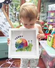 Load image into Gallery viewer, Framed sparkly rainbow snail button art - nursery decor