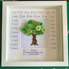 Load image into Gallery viewer, Teacher thank you present. Thank you for helping me grow. Button art oak tree. Framed artwork.