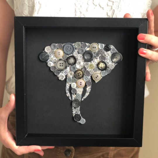 Ivory 14th Wedding Anniversary Gift Elephant Button Art on Black