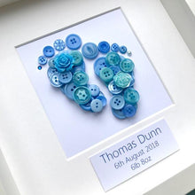 Load image into Gallery viewer, baby boy footprints blue button art framed picture.