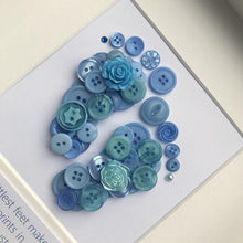 Load image into Gallery viewer, baby boy footprints blue button art framed picture.