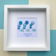 Load image into Gallery viewer, blue elephants holding balloons button art framed picture.