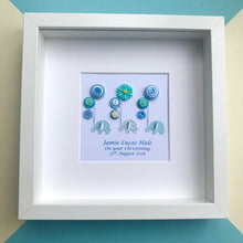 Load image into Gallery viewer, blue elephants holding balloons button art framed picture.