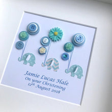 Load image into Gallery viewer, blue elephants holding balloons button art framed picture.