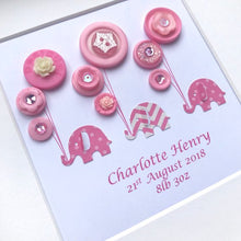 Load image into Gallery viewer, elephants holding balloons pink button art framed picture.
