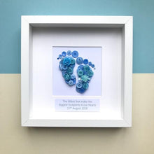Load image into Gallery viewer, baby boy footprints blue button art framed picture.