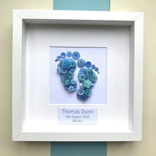 Load image into Gallery viewer, baby boy footprints blue button art framed picture.