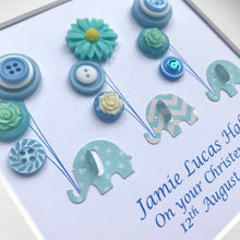 Load image into Gallery viewer, blue elephants holding balloons button art framed picture.