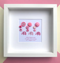 Load image into Gallery viewer, elephants holding balloons pink button art framed picture.