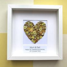 Load image into Gallery viewer, golden wedding anniversary golden button art heart