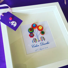 Load image into Gallery viewer, elephants holding balloons button art framed picture.