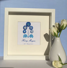 Load image into Gallery viewer, Elephants holding balloons nursery button art framed picture.