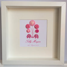 Load image into Gallery viewer, Elephants holding balloons nursery button art framed picture.