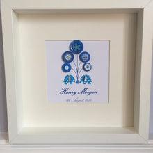 Load image into Gallery viewer, Cute and colourful button art. Elephants holding balloons framed picture.