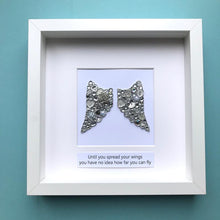 Load image into Gallery viewer, silver sparkly angel wings button art framed picture.