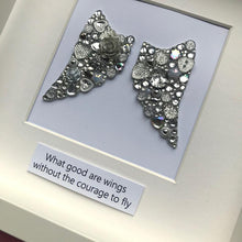 Load image into Gallery viewer, silver sparkly angel wings button art framed picture.