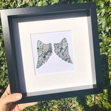 Load image into Gallery viewer, silver sparkly angel wings button art framed picture.