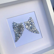 Load image into Gallery viewer, silver sparkly angel wings button art framed picture.