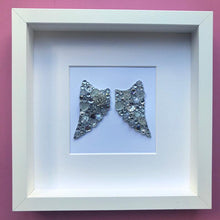 Load image into Gallery viewer, silver sparkly angel wings button art framed picture.
