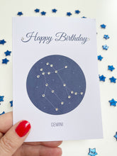 Load image into Gallery viewer, Gemini constellation zodiac birthday card