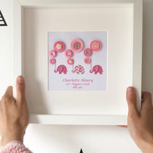 Load image into Gallery viewer, elephants holding balloons pink button art framed picture.