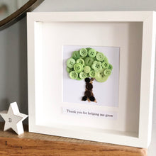Load image into Gallery viewer, Teacher thank you present. Thank you for helping me grow. Button art oak tree. Framed artwork.