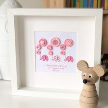 Load image into Gallery viewer, elephants holding balloons pink button art framed picture.