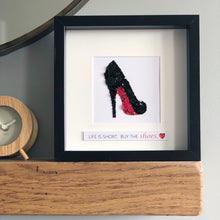 Load image into Gallery viewer, Red Sole Stiletto button art framed picture.