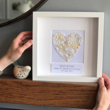 Load image into Gallery viewer, Pearl heart anniversary button art. Framed picture