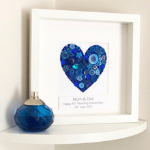 Load image into Gallery viewer, Sapphire Wedding 45 years Anniversary Personalised Gift. Blue heart button art framed picture.