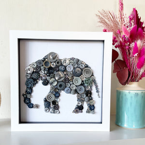 14th Wedding Anniversary Gift - Framed Elephant Button Art on White - Ivory
