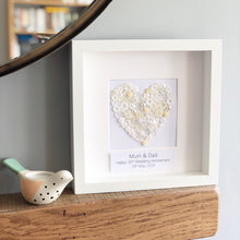 Load image into Gallery viewer, Pearl heart anniversary button art. Framed picture