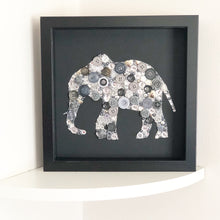 Load image into Gallery viewer, Button art elephant on black. Ivory anniversary framed picture.