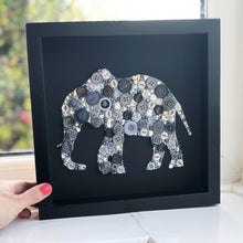 Load image into Gallery viewer, Button art elephant on black. Ivory anniversary framed picture.