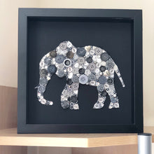 Load image into Gallery viewer, Button art elephant on black. Ivory anniversary framed picture.