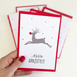 Sparkly Rudolph the Red-Nosed Reindeer Christmas Card - pack of 2, 5 or 10