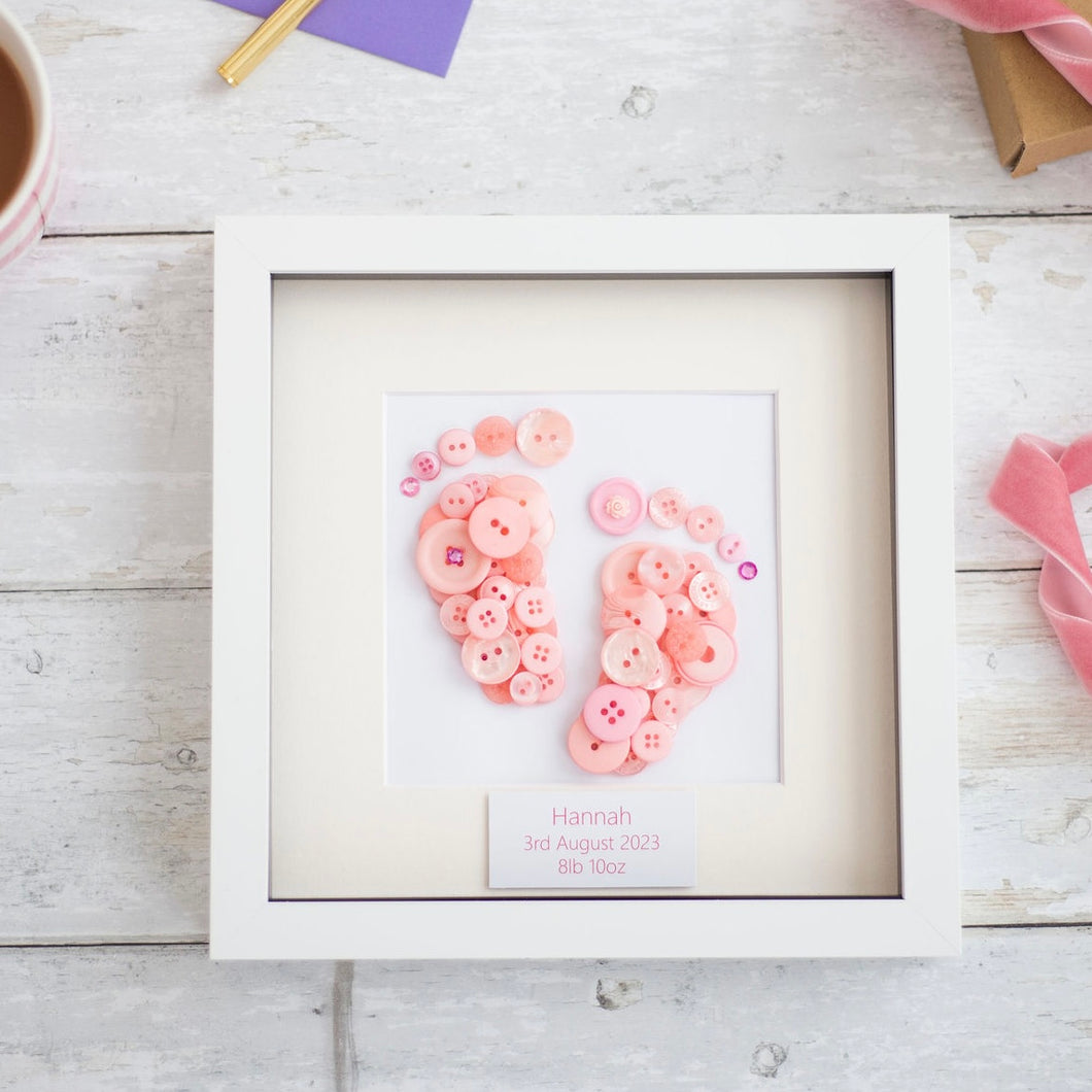 Personalised New Baby Girl or Christening Gift - Button Art Footprints in Pinks