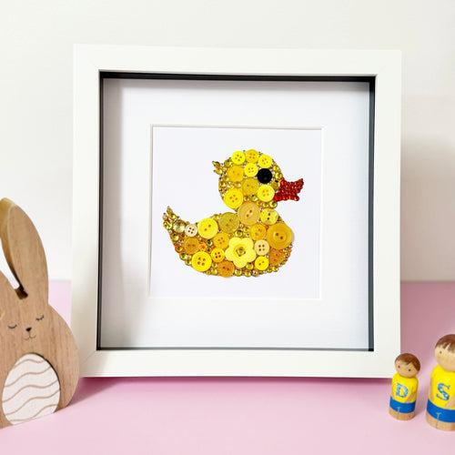 Framed yellow duck button art - perfect nursery decor
