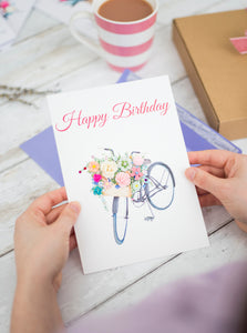 Handmade Birthday Card - Bicycle with Flowers